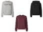 Trois hauts : un sweat-shirt gris, un sweat à capuche noir et un sweat-shirt bordeaux.