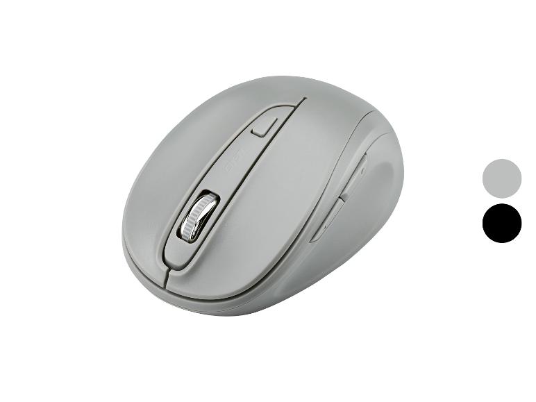 Souris sans fil grise avec molette de défilement et boutons latéraux, à côté d'échantillons de couleur gris et noir.