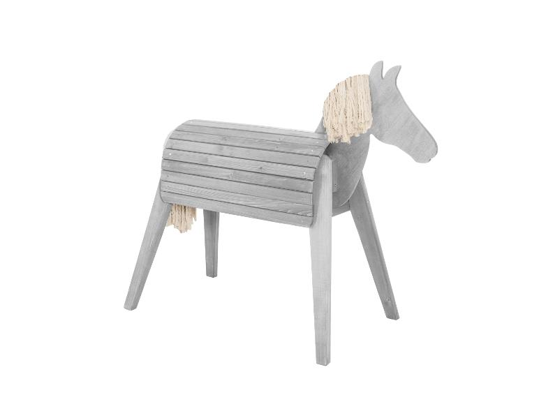 Cheval en bois gris avec crinière et queue claires, pour enfants.