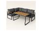 Canapé d'angle extérieur avec coussins gris foncé et une table rectangulaire à lattes en bois.