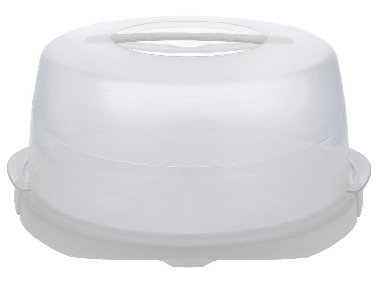 Boîte à gâteau en plastique transparent avec poignée sur le dessus et deux loquets latéraux.