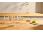 Verres à vin avec du vin blanc et une carafe sur un comptoir en bois, avec des raisins et des crackers.