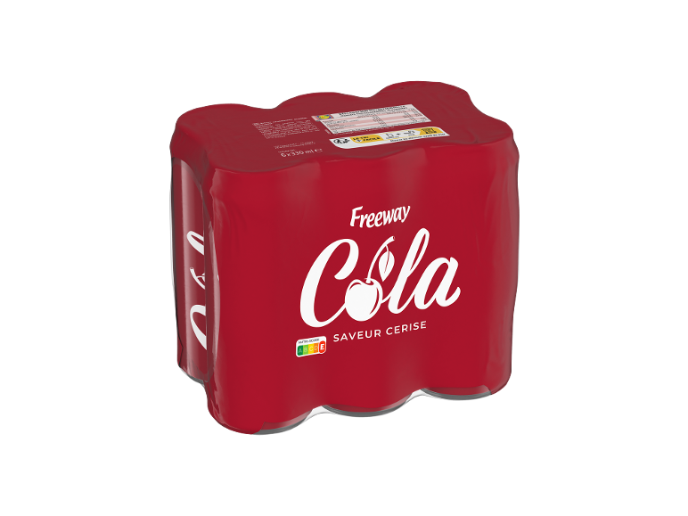 Pack de six canettes de cola saveur cerise avec informations nutritionnelles et Nutri-score.