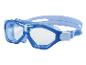 Lunettes de natation bleues avec verres transparents et sangle ajustable.