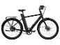 Un vélo électrique noir avec une transmission par courroie et des pneus Schwalbe.