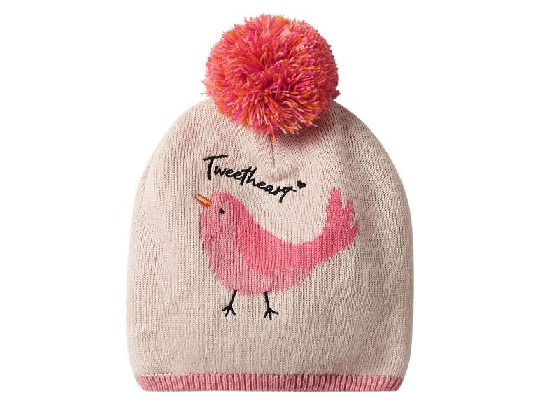 Bonnet tricoté avec pompon rose et motif d'oiseau avec le texte « Tweetheart ».