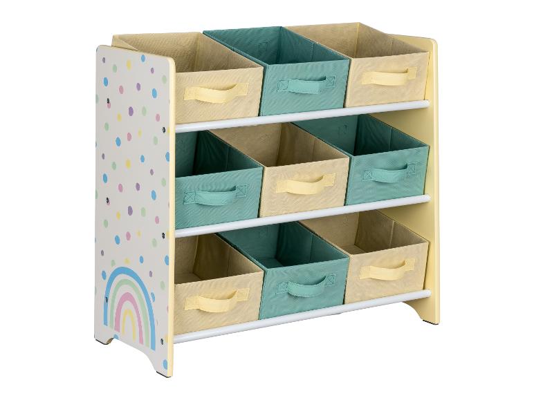 Une armoire de rangement avec six paniers, avec un design arc-en-ciel et des pois.