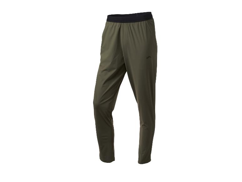 Pantalon de sport vert foncé avec une ceinture élastique noire et un petit logo noir sur la cuisse.