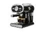 Machine à expresso noire et chromée avec deux verres de café.