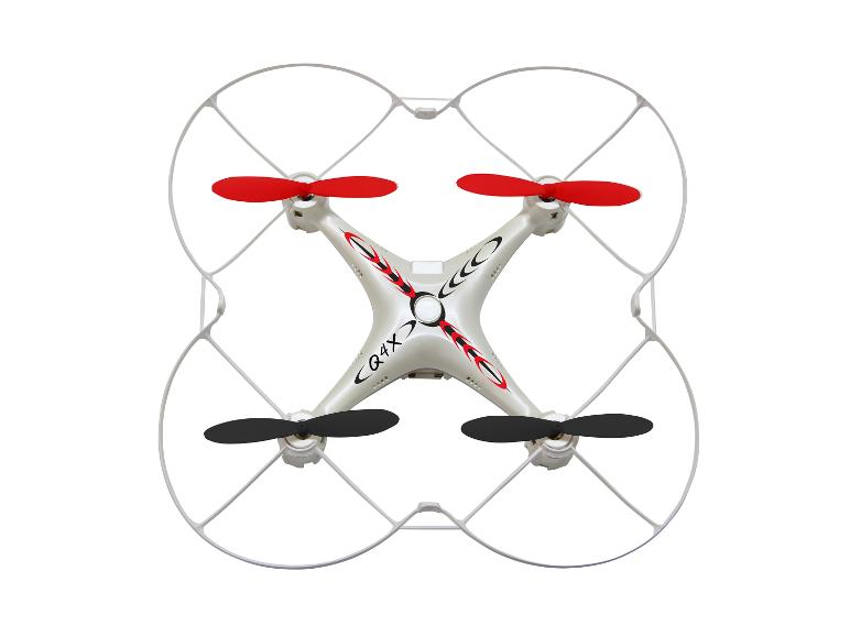 Un drone blanc avec des hélices rouges et noires et un cadre de protection.
