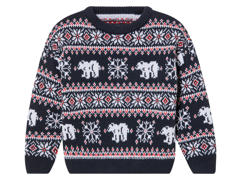 Un pull de Noël bleu avec des motifs de rennes et de flocons de neige.