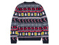 Un pull de Noël bleu foncé avec un motif d'arbre de Noël, de cadeaux, de cannes en sucre et le logo Lidl.