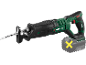 Scie sabre avec boîtier vert et noir, lame pour bois et batterie.