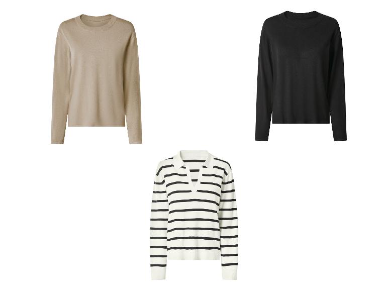 Trois pulls à manches longues : un beige, un noir et un rayé noir et blanc.
