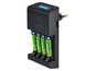 Un chargeur Tronic noir avec quatre piles AA.