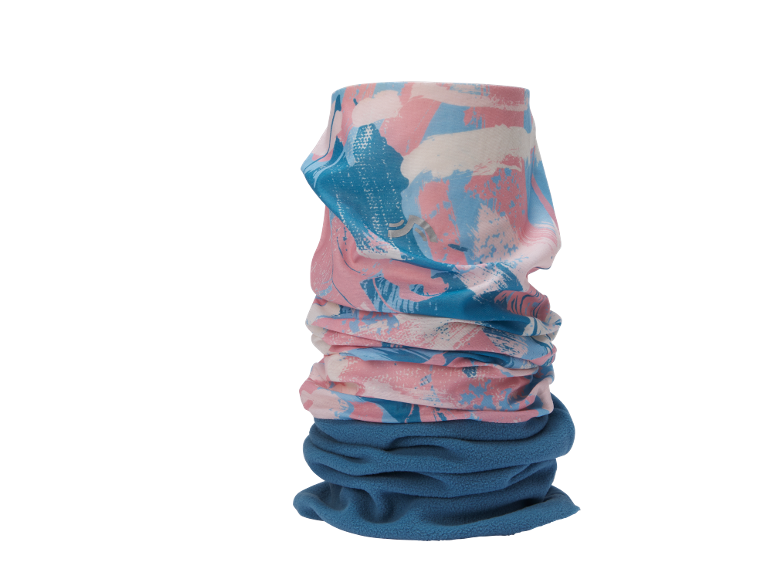 Cache-cou à motif abstrait rose et bleu, avec partie inférieure en polaire bleue.