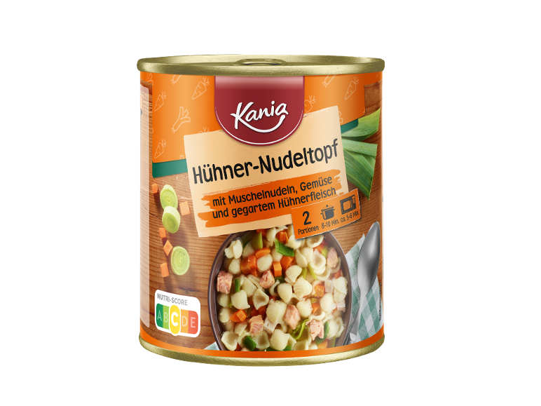 Boîte de soupe de poulet aux nouilles, avec légumes et viande de poulet, avec Nutri-Score.