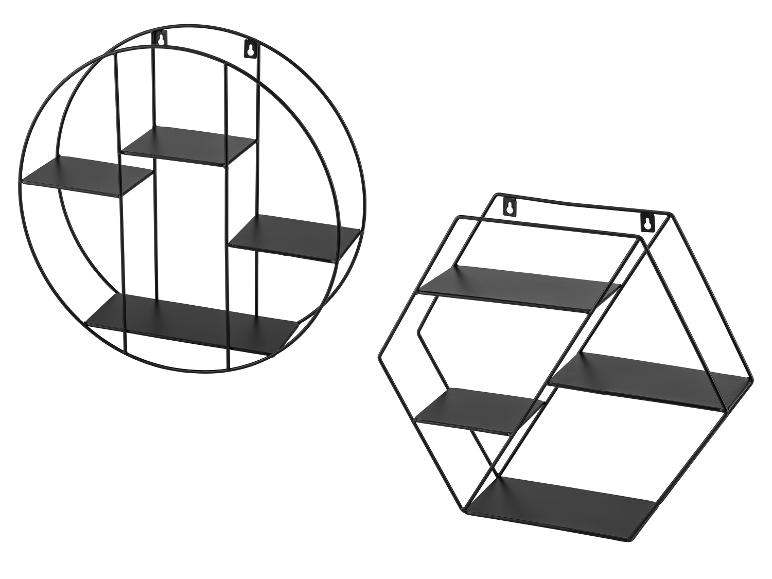 Deux étagères murales en métal noir : une ronde et une hexagonale, avec plusieurs niveaux.