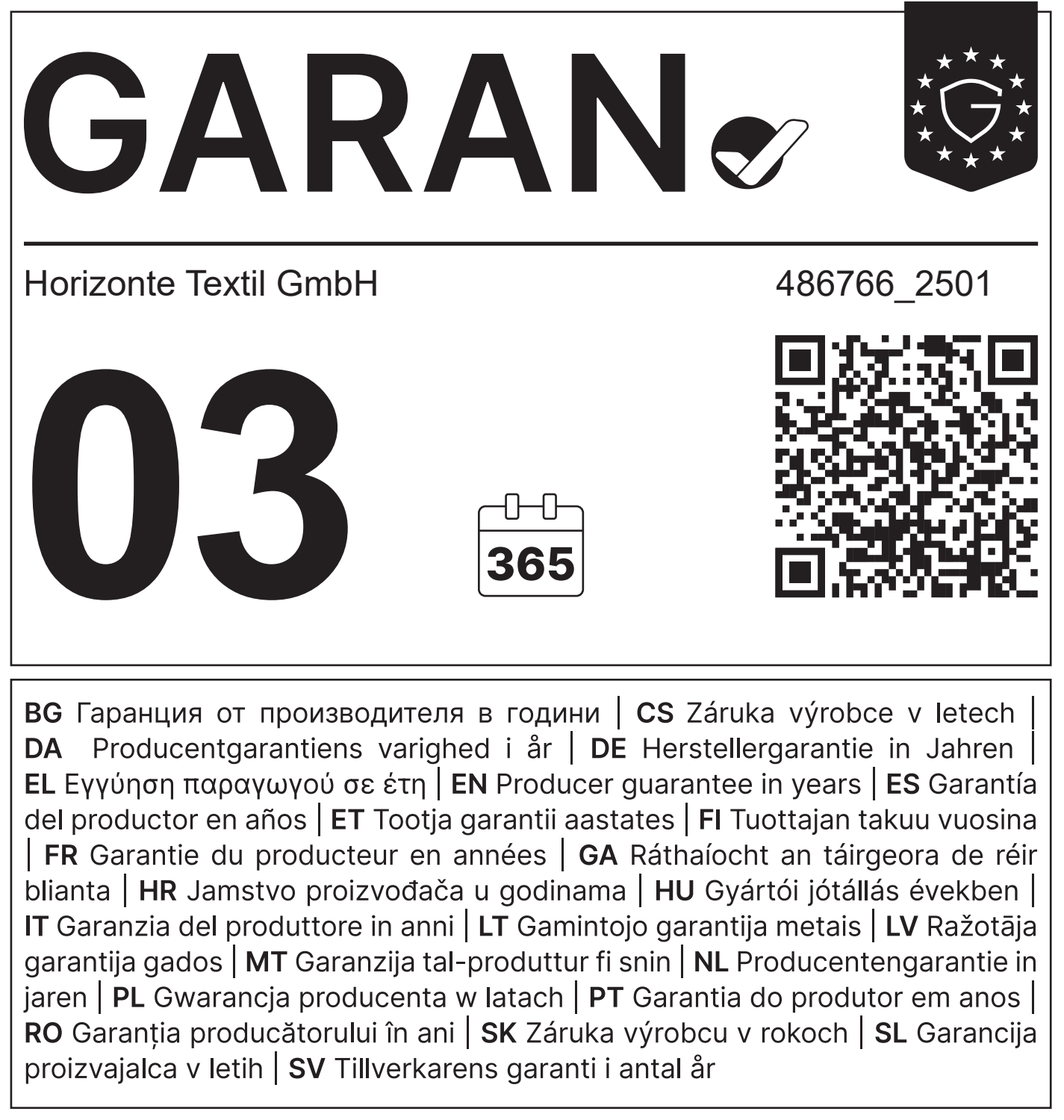Label de garantie de 3 ans de Horizonte Textil GmbH avec code QR.