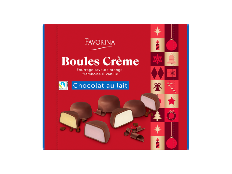 Boîte rouge de boules de crème au chocolat au lait, fourrées orange, framboise et vanille.