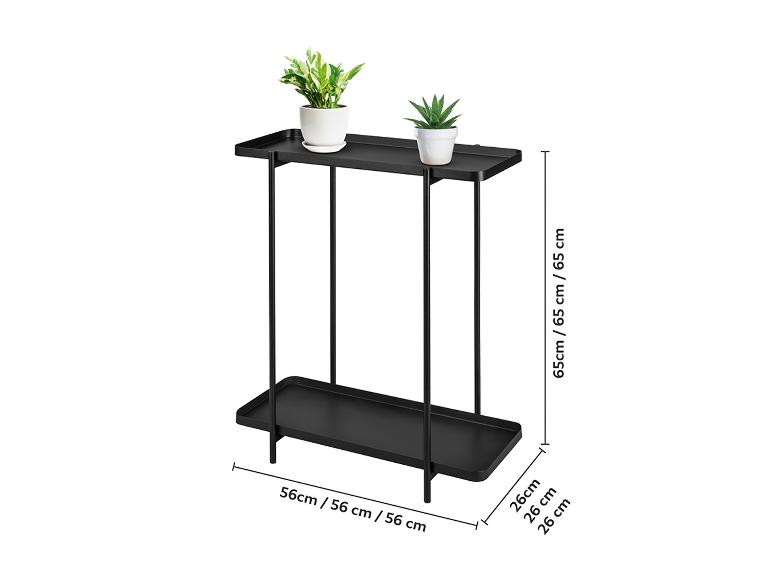 Étagère noire en métal à deux niveaux avec deux plantes en pot, dimensions indiquées.