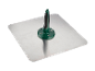Une truelle en acier inoxydable avec une poignée en plastique verte.