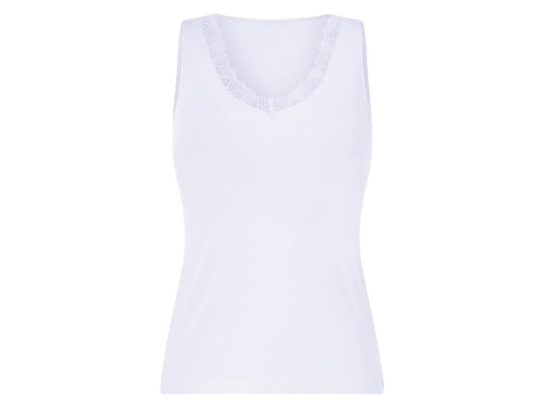 Top blanc sans manches avec un col en V et de la dentelle.