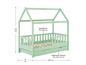 Un lit d'enfant en bois vert clair avec un cadre en forme de maison et deux tiroirs.