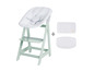Une chaise haute verte avec un siège rembourré blanc et deux coussins supplémentaires.