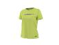 T-shirt de sport vert citron pour femme avec un logo violet sur la poitrine