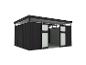 Abri de jardin moderne noir avec portes coulissantes et fenêtres supérieures.
