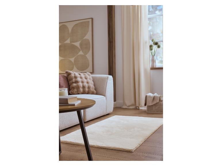 Salon confortable avec un canapé crème, une table basse ronde et un tapis clair sur un parquet.