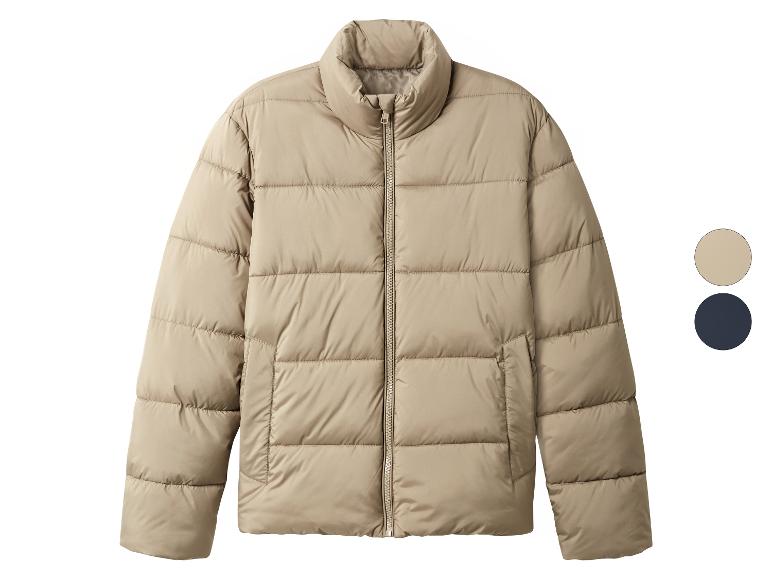 Une doudoune beige avec une fermeture éclair et deux échantillons de couleur.