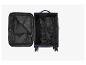 Valise bleue ouverte avec doublure noire et sangles de maintien pour les bagages.