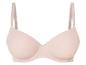 Un soutien-gorge rose avec des bonnets lisses et des bretelles larges.