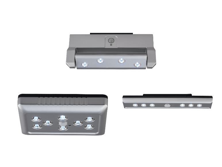 Trois vues d'une lumière LED argentée avec capteur de mouvement.