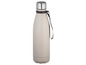 Une bouteille isotherme beige avec une anse en cuir.