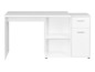 Un bureau blanc avec un tiroir, une armoire et une étagère.
