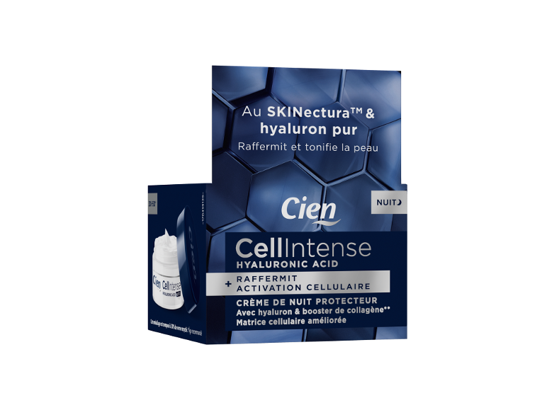 Crème de nuit protectrice avec acide hyaluronique et booster de collagène, matrice cellulaire améliorée.