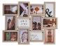 Cadre photo multiple beige pour 12 photos, avec citations inspirantes et paysages urbains.