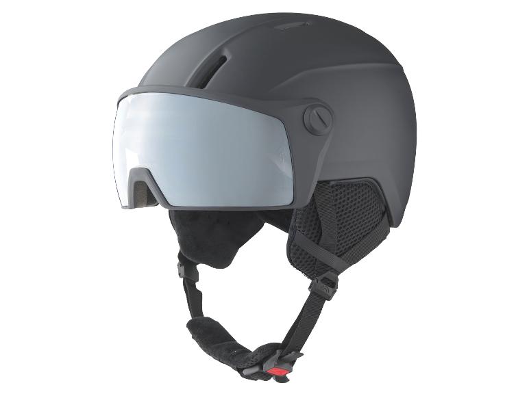Casque de ski noir avec visière.