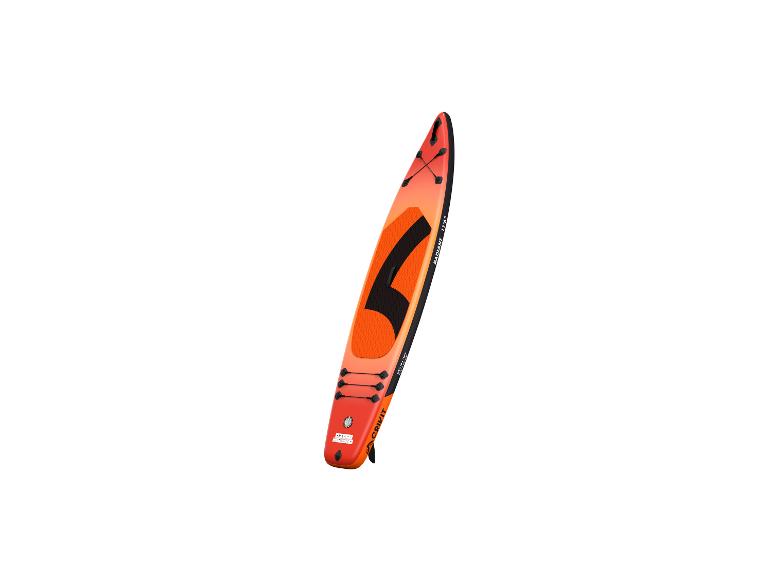 Planche de paddle gonflable orange et noire avec cordes et ailerons.