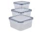 Trois contenants en plastique transparents empilables avec couvercles bleus.