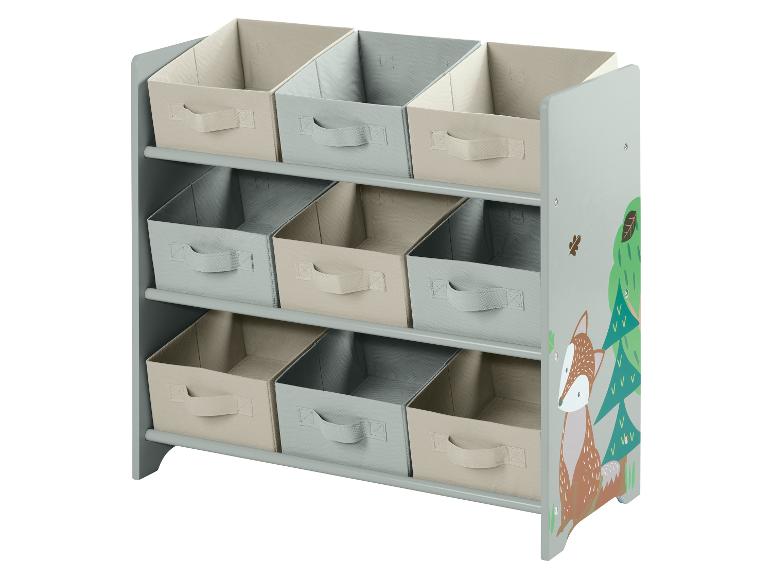 Un organisateur de rangement gris pour enfants avec neuf paniers en tissu et un thème animalier forestier.