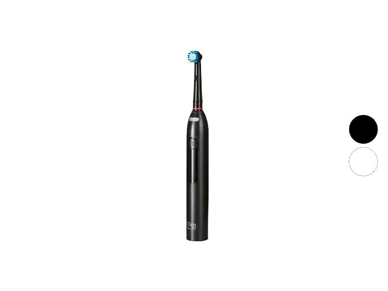 Brosse à dents électrique noire avec une tête ronde et deux options de couleur.