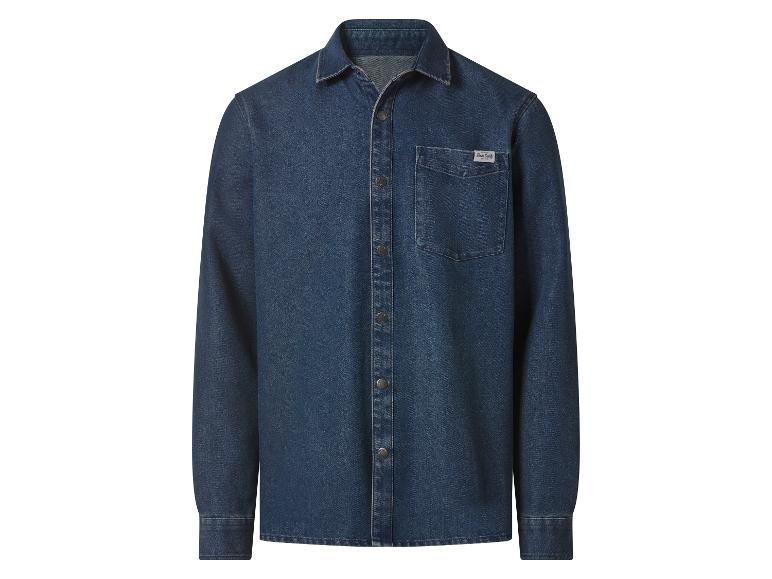 Chemise en jean bleu foncé pour homme avec boutons-pression et poche poitrine.