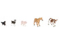 Figurines d'animaux en plastique, dont une vache, un cheval, un cochon, une chèvre et un chien.