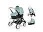 Une poussette Maxi-Cosi en vert clair avec différentes configurations