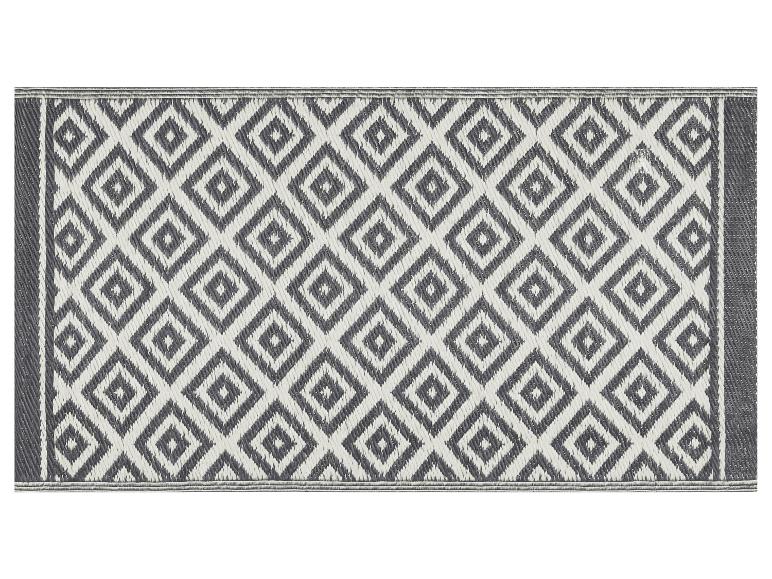 Tapis d'extérieur gris et blanc à motif de losanges.