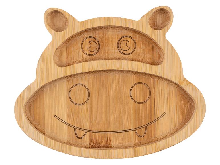 Assiette en bambou pour enfant, forme d'hippopotame, compartiments intégrés.